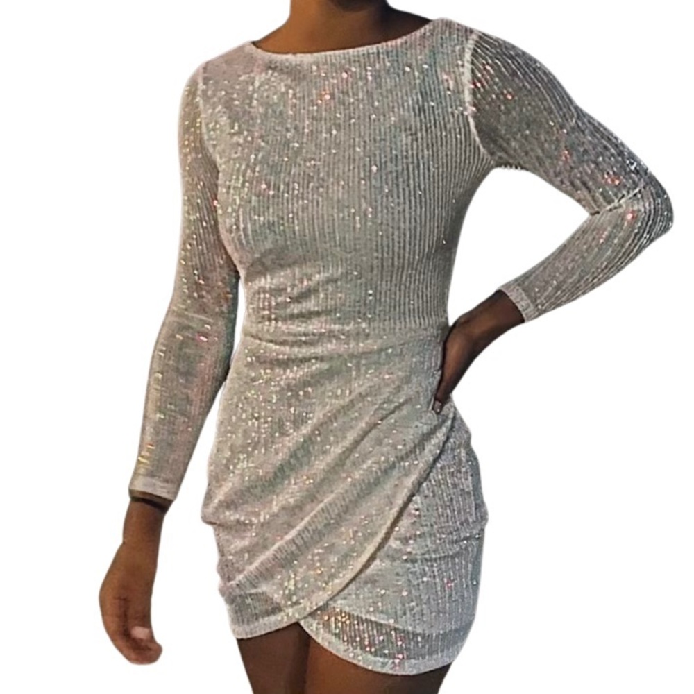 Long Sleeve White Sequin Dress